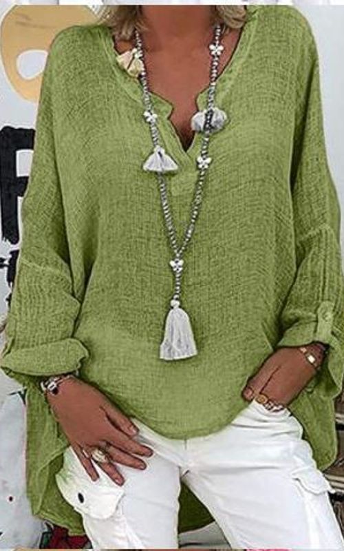 Women's V-Neck Solid Color Slub Linen Shirt Dress
