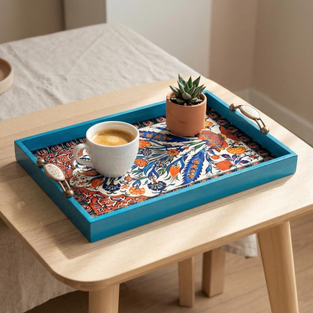 Handmade Turkish Serving Tray - Iznik Ceramic Style Decor