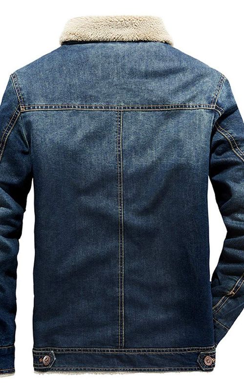 Men Winter Denim Jacket Slim Fit Fleece Casual Coat Lapel Thick Warm Outwear