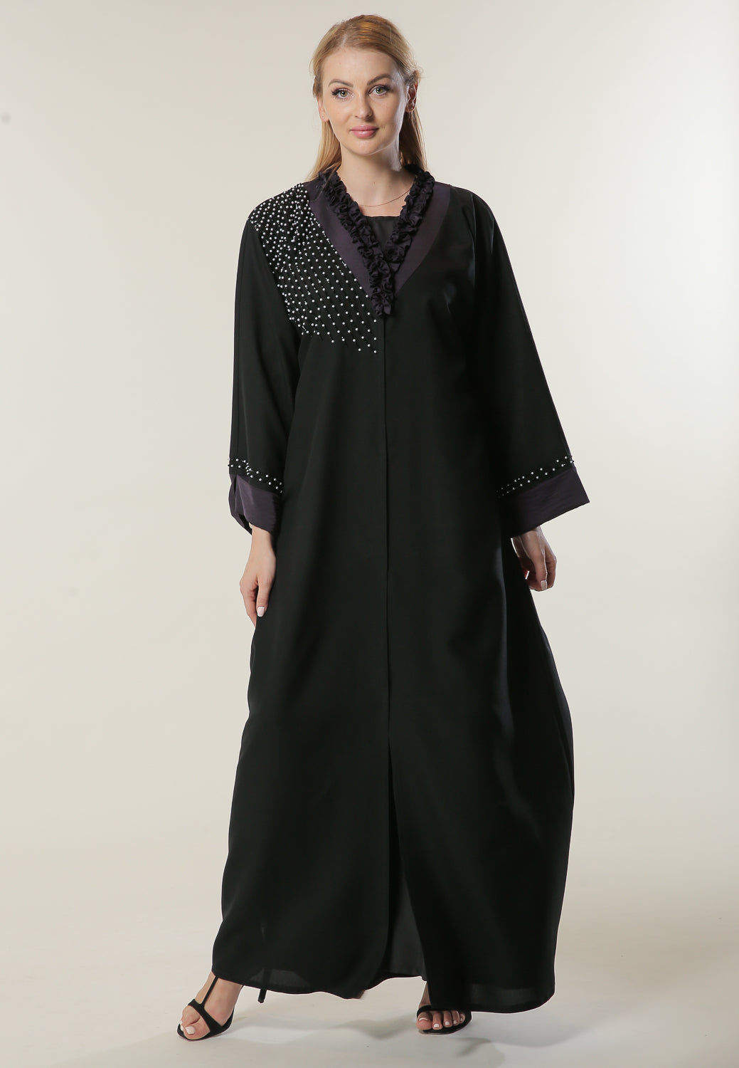 MOiSTREET Black Abaya with Pleated Collar and Hand Embroidery