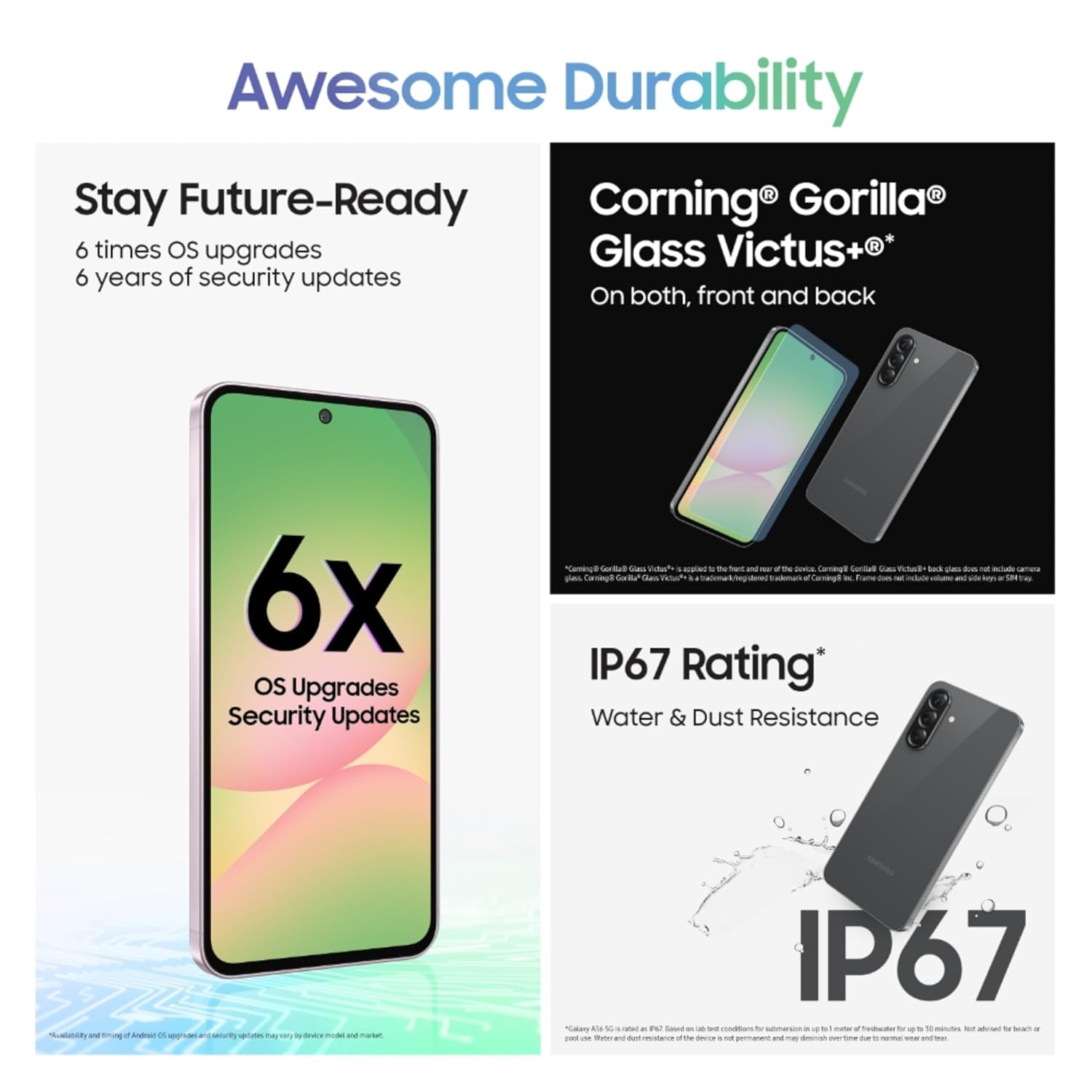 هاتف ذكي Samsung Galaxy A56 5G بنظام Android باللون الرمادي الداكن، ذاكرة وصول عشوائي (RAM) سعة 8 جيجابايت، كاميرا مزودة بتقنية الذكاء الاصطناعي، شاشة AMOLED