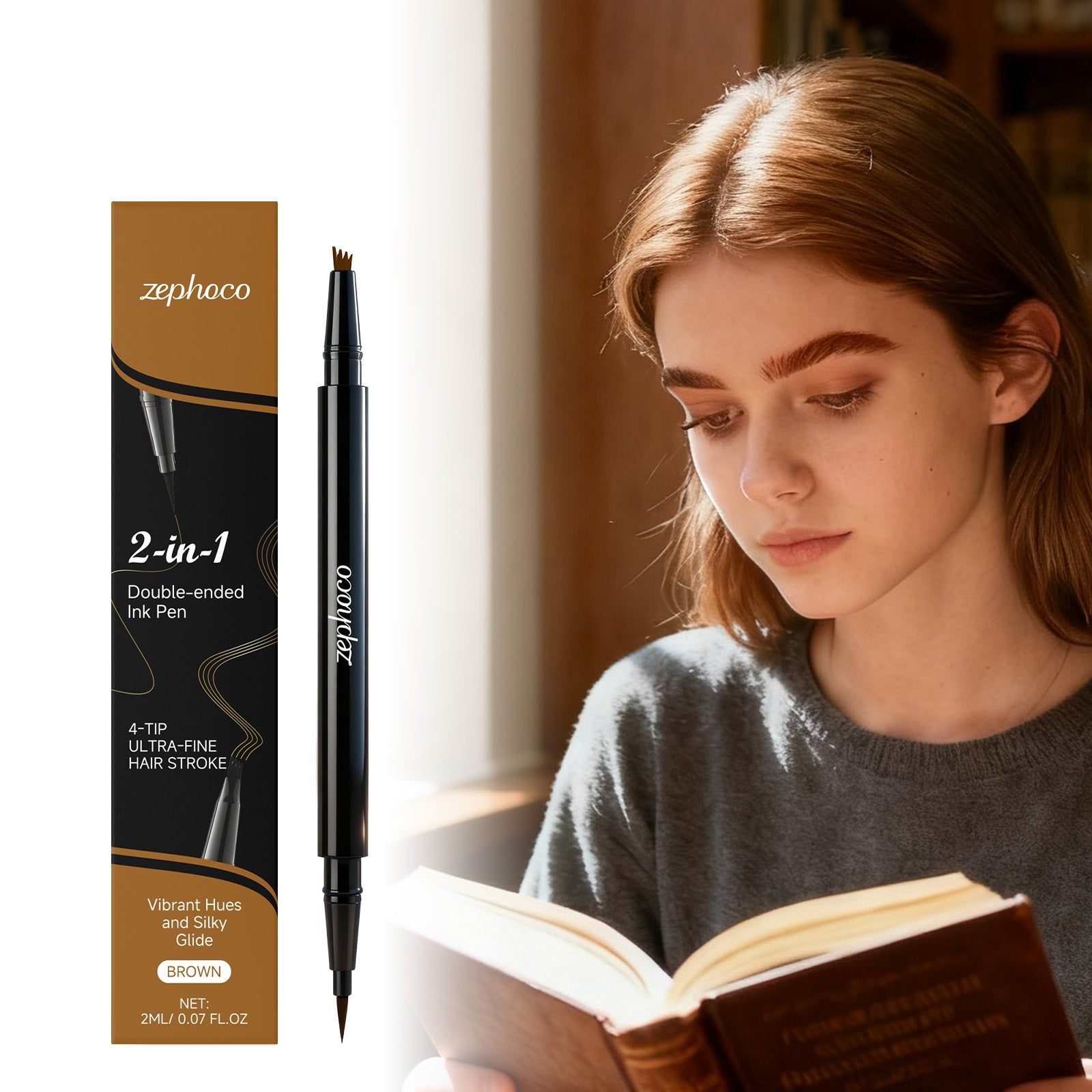 Brown 2-in-1 Eyebrow Pencil, Natural, Smudge-Proof, Easy to Use, Perfect for Flawless Brows ,2ml