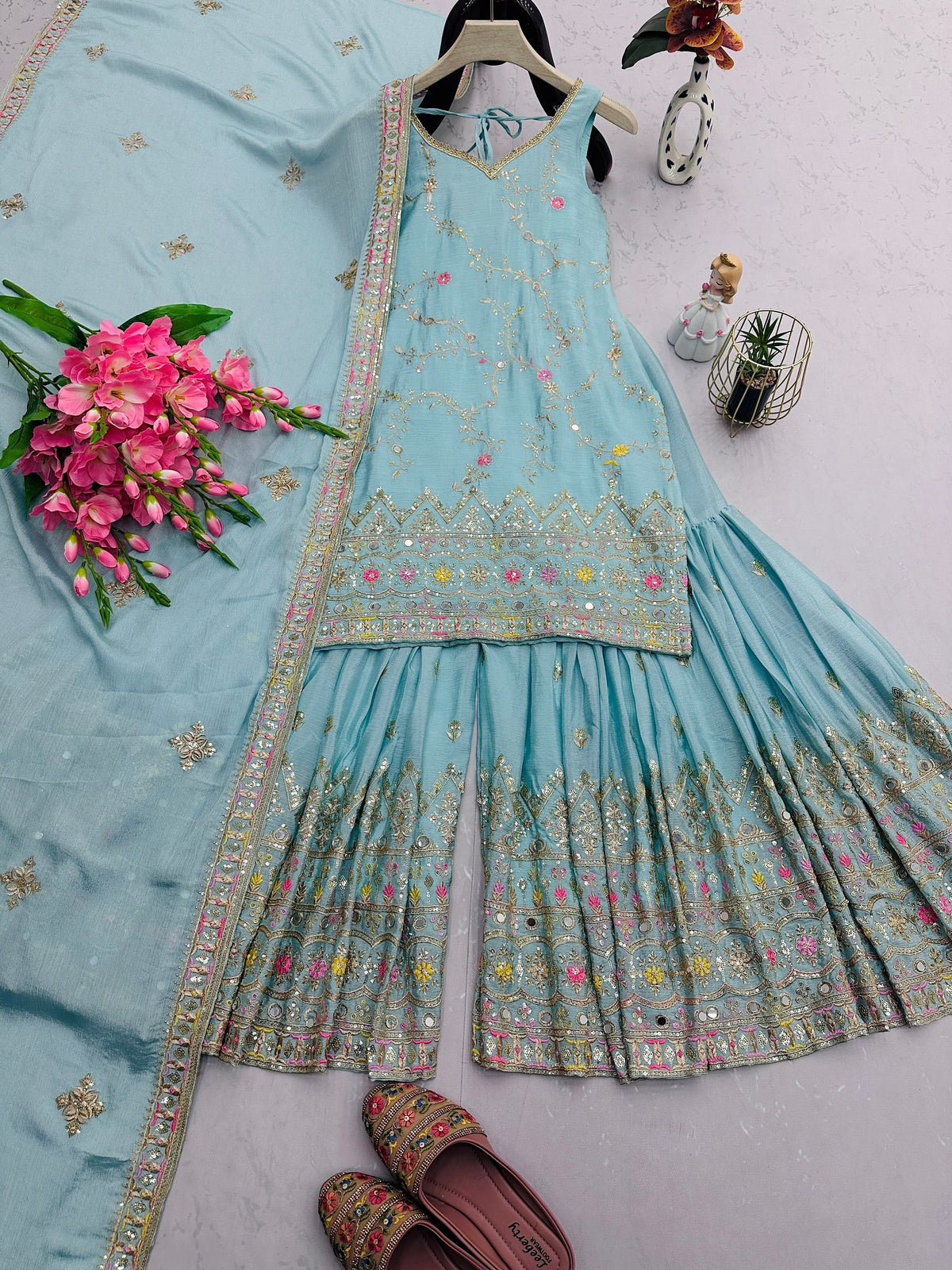 Fab Zone Designer Party Wear Look Suit Set With Embroidery Threads Work