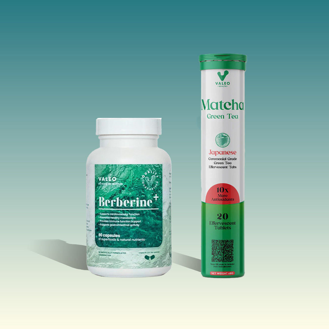 Valeo Berberine+ 90 Capsules & Valeo Japanese Matcha Green Tea 20 Effervescent Tablets
