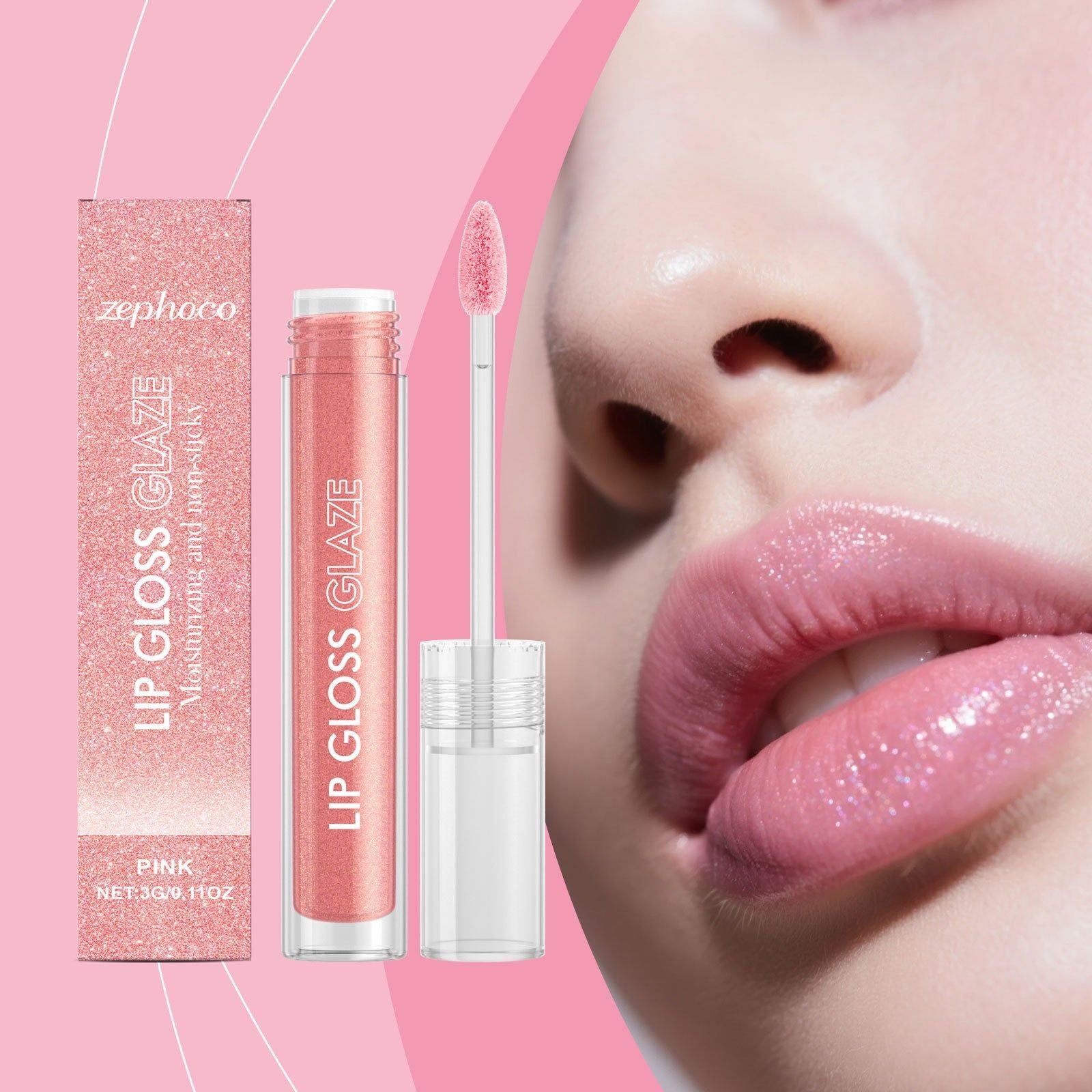 Pink Moisturizing Lip Gloss, Plumping Sparkling Lip Shine, Hydrating Lip Makeup ,3g