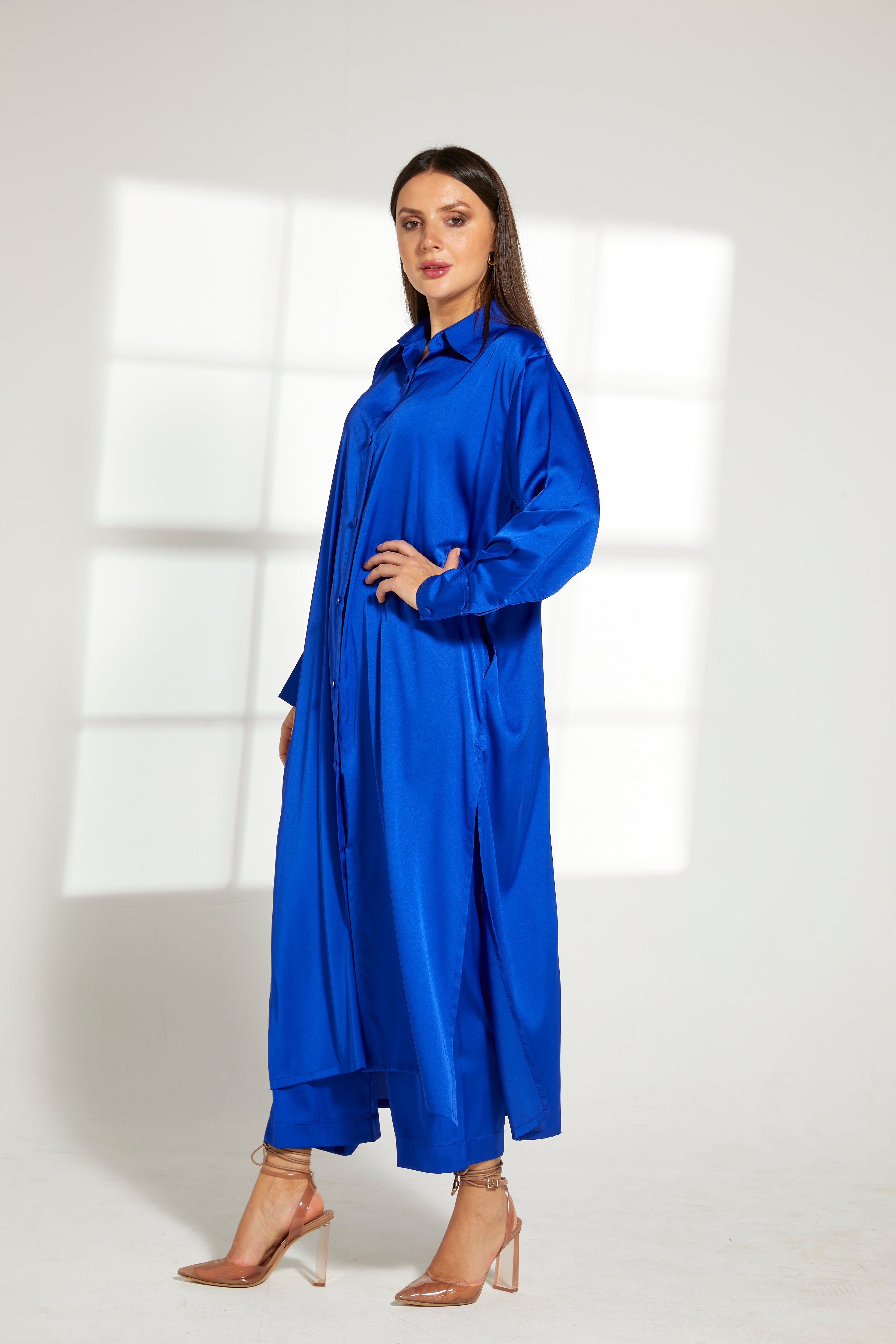 MOiSTREET Blue Silk Fabric Top and Pants Set