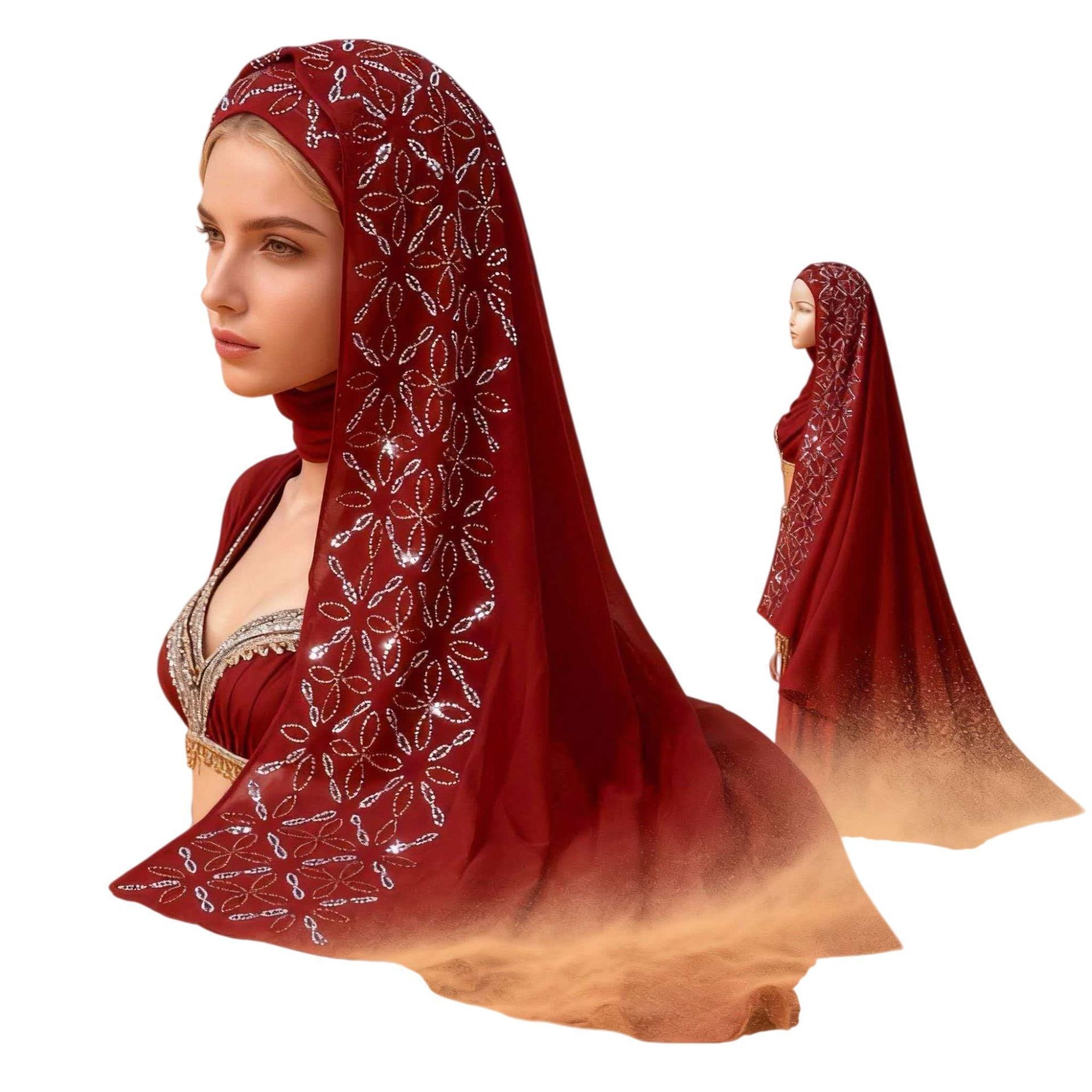 Red Rhinestone Chiffon Hijab Scarf for Women Party Wear