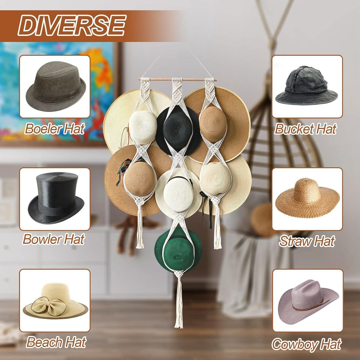 Hat Organizer Macrame Hat Hanger Handmade Cotton Rope Woven Hat Hangers