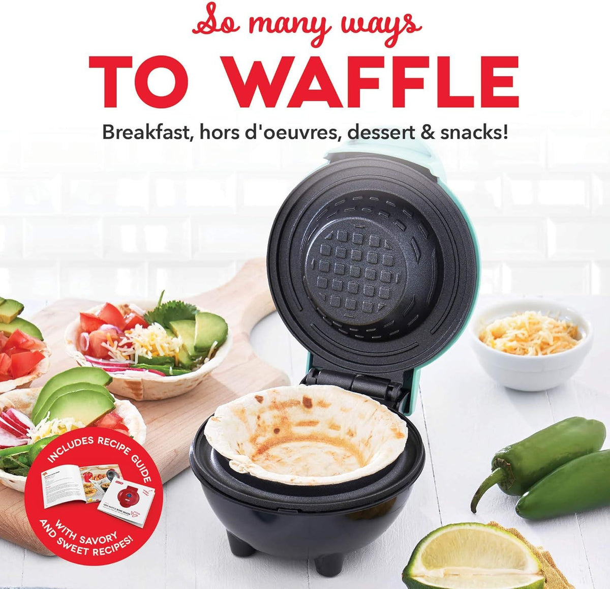 Mini Waffle Bowl Maker for Breakfast Burrito Bowls Ice Cream and Other Sweet Desserts