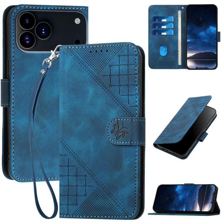 For iPhone 18 Pro Max / iPhone 17 Pro Max YX0080 Grid Butterfly Embossed Pattern Flip Leather Phone Case with Lanyard