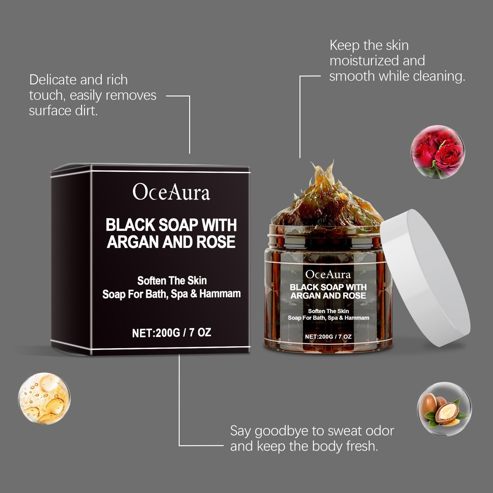 Black Body Cleansing Soap with Argan Rose, Deep Moisturizing, Bacteria-Free, Long-Lasting Freshness ,200g