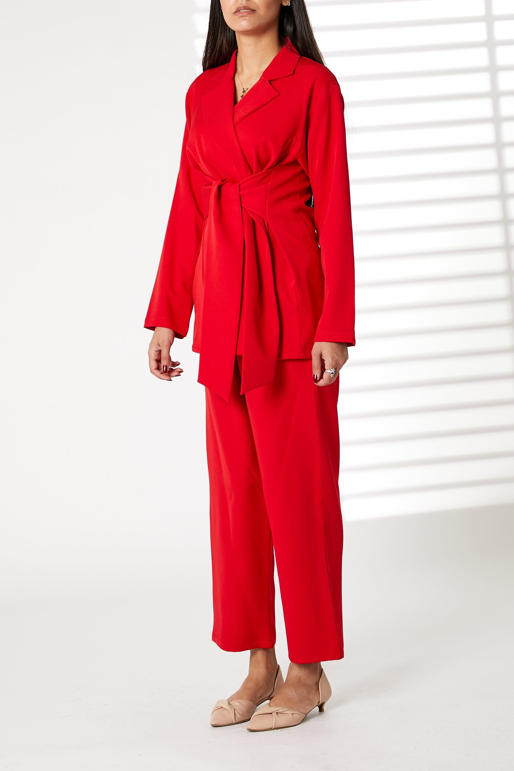 MOiSTREET Red Barbie Crepe Fabric Blazer and Pants Set