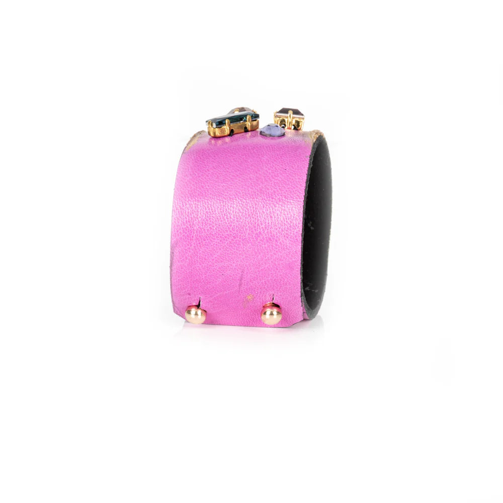 The Dark Pink Leather Crystal Cuff Bracelet with Multicolor Gemstones