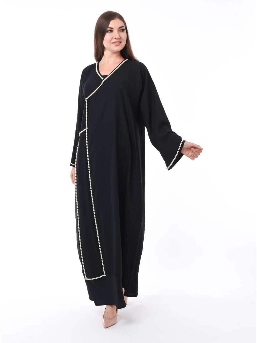 MOiSTREET Black Abaya with Hand Pearl Work