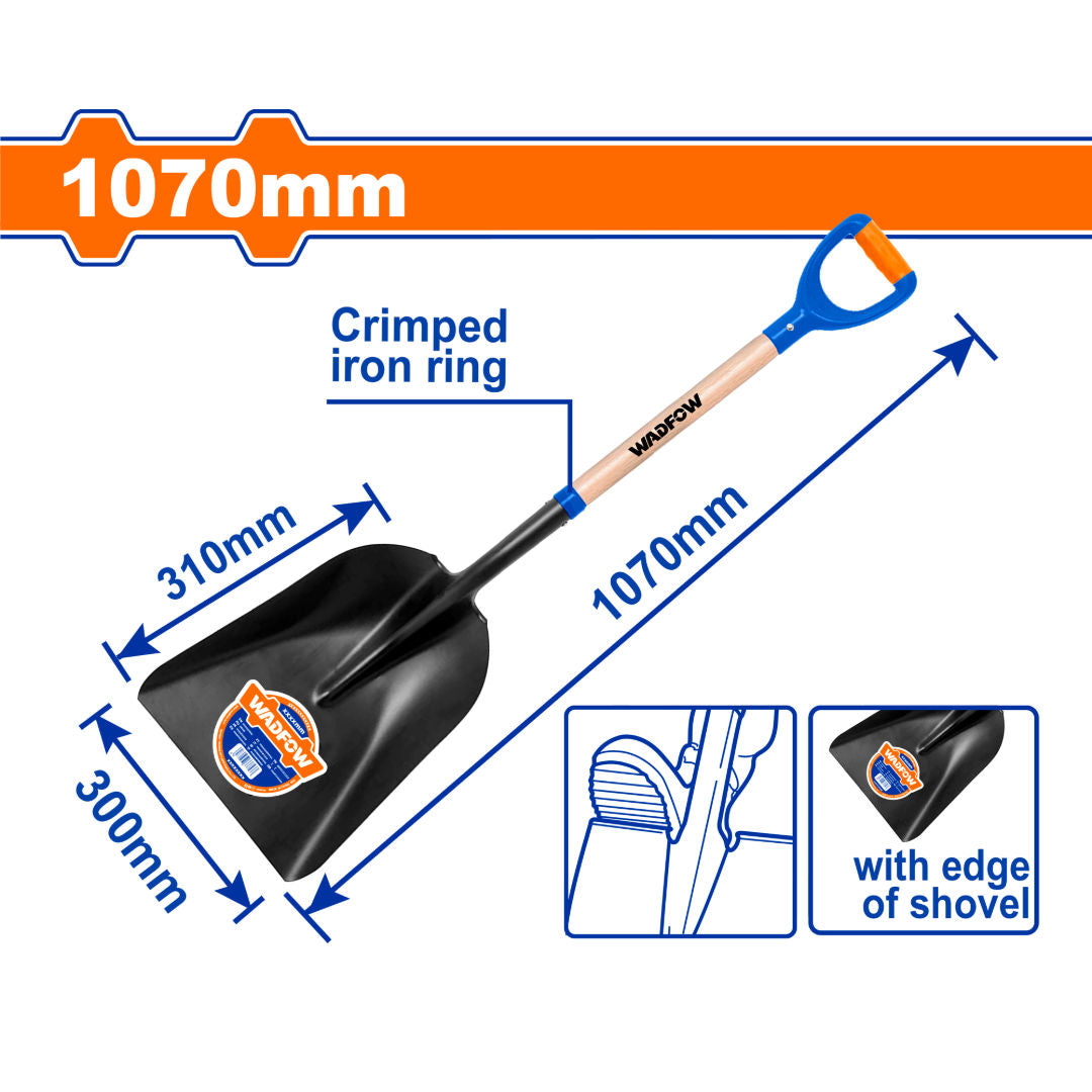 WADFOW Scoop Shovel, Wooden Handle, Length 1070mm; Head 300, 310mm, 1.5mm, Carbon Steel