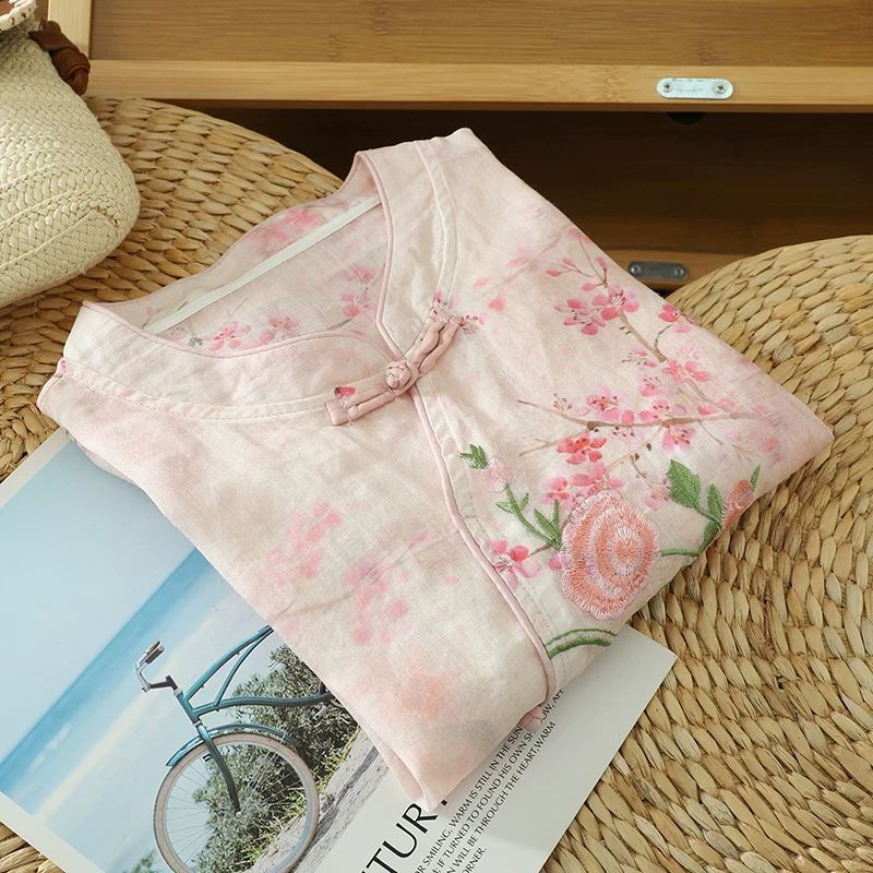 Chinese Style Embroidered Cotton Linen Loose Short Sleeve Top