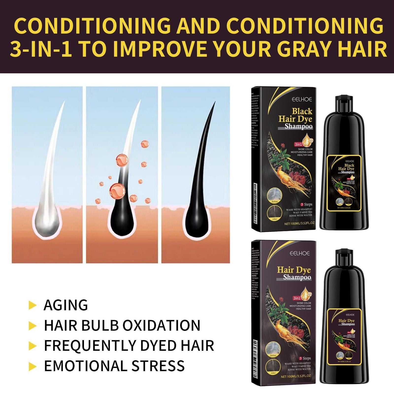 EELHOE Hair Dye Shampoo 100ml, 3-in-1 Color & Care