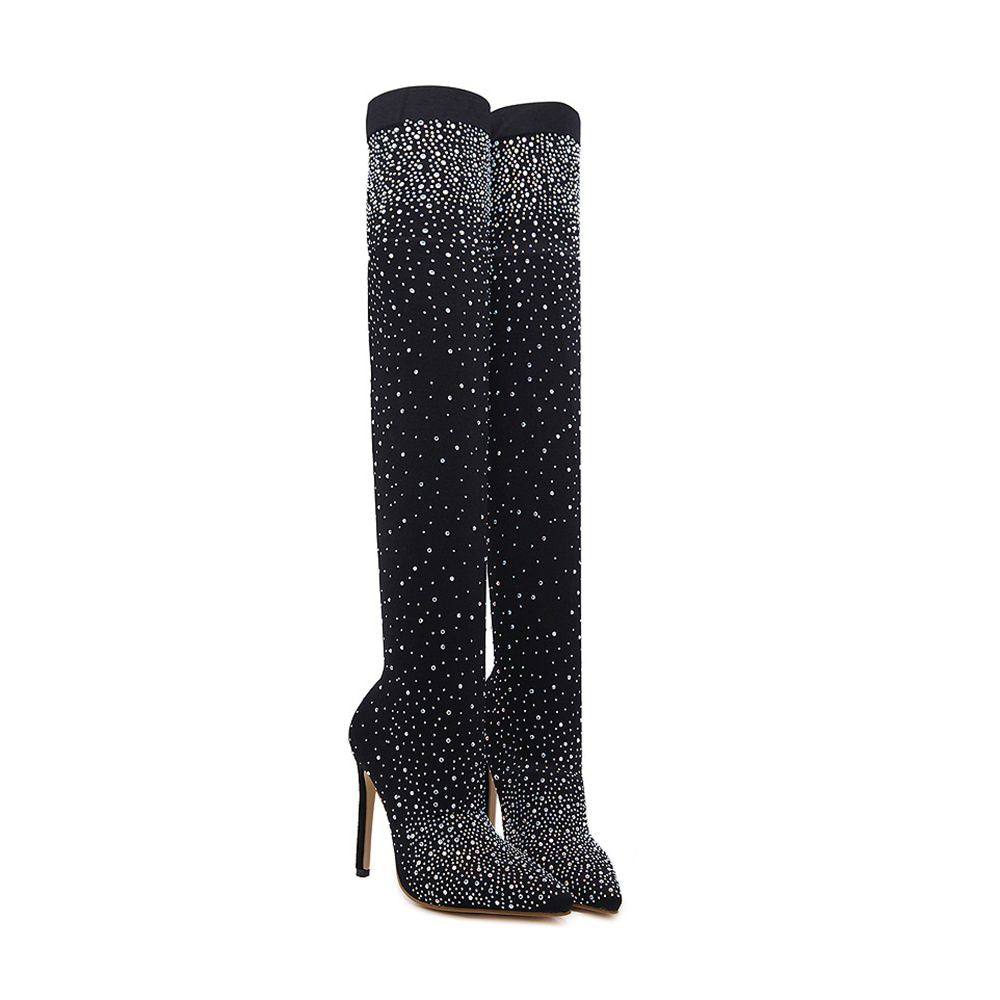 Crystal Fabric Over-the-Knee Pointed Toe 11cm Heel Boots for Women