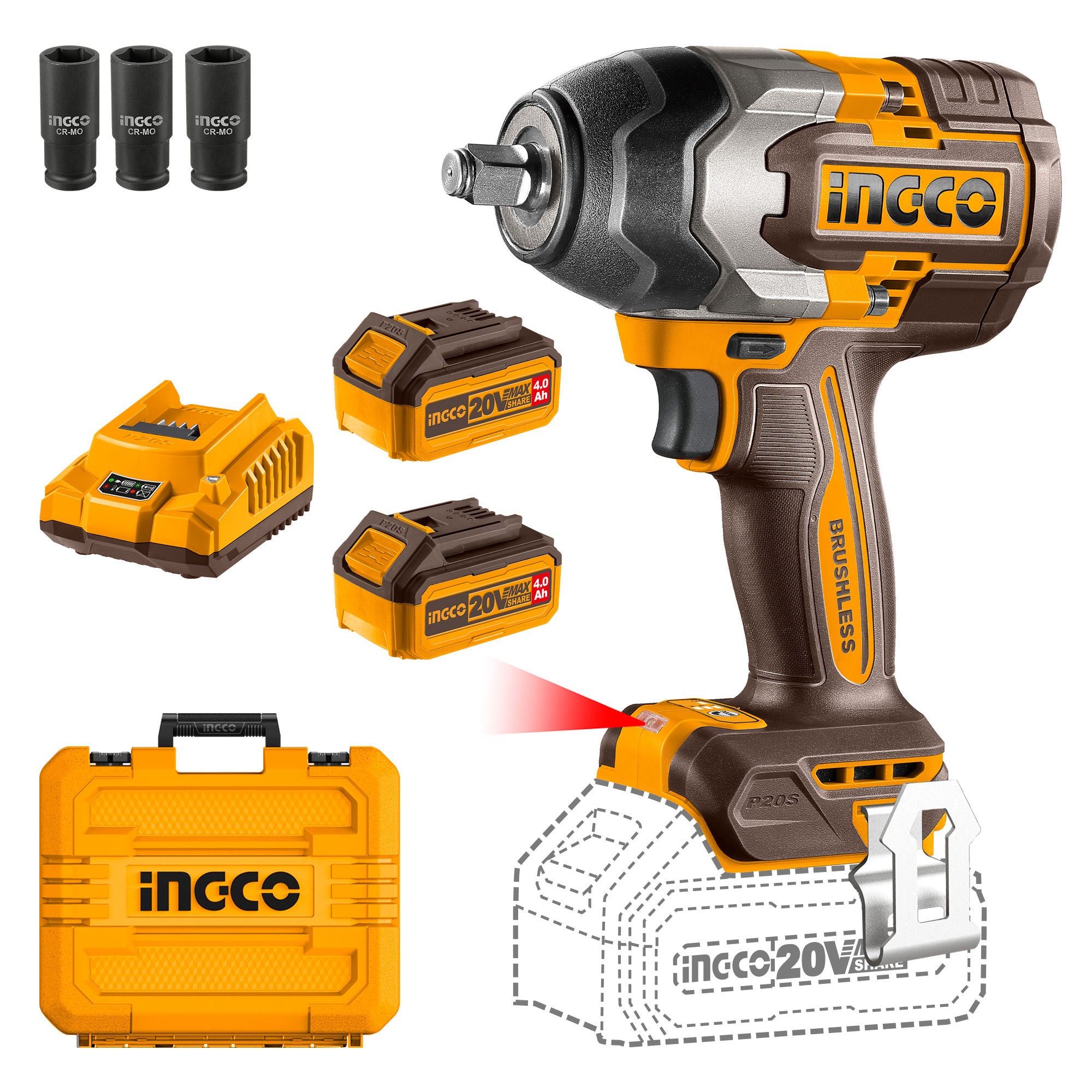 INGCO 20V Brushless Cordless Impact Wrench Kit, 1/2″ Drive, 850 Nm, 2×4.0Ah Batteries, Deep Sockets & Case