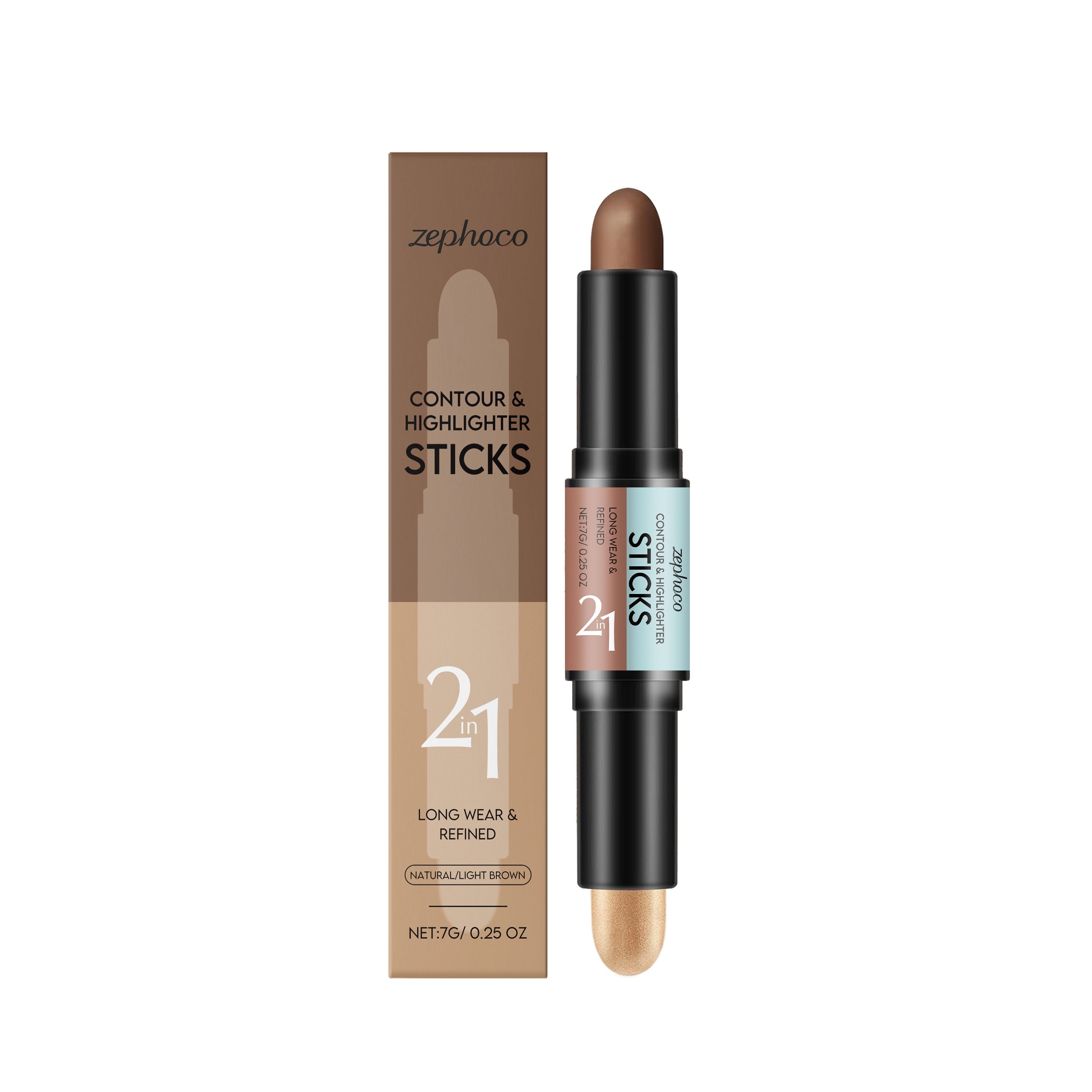 2-in-1 Contouring and Highlighting Stick, Natural & Light Coffee, Easy Makeup, Portable, Flawless 3D Face Sculpting ,7g