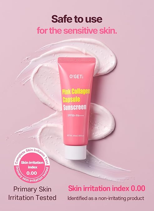 O!GETi Pink Collagen Sunscreen SPF50+ PA++++, Hydrating, Tone-Up UV Protection