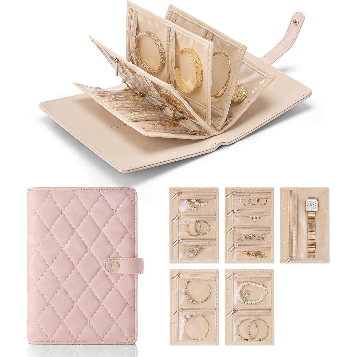 Leather Portable Jewelry Storage Book FoldableTravel Jewelry Storage Case for Rings Necklaces Earrings
