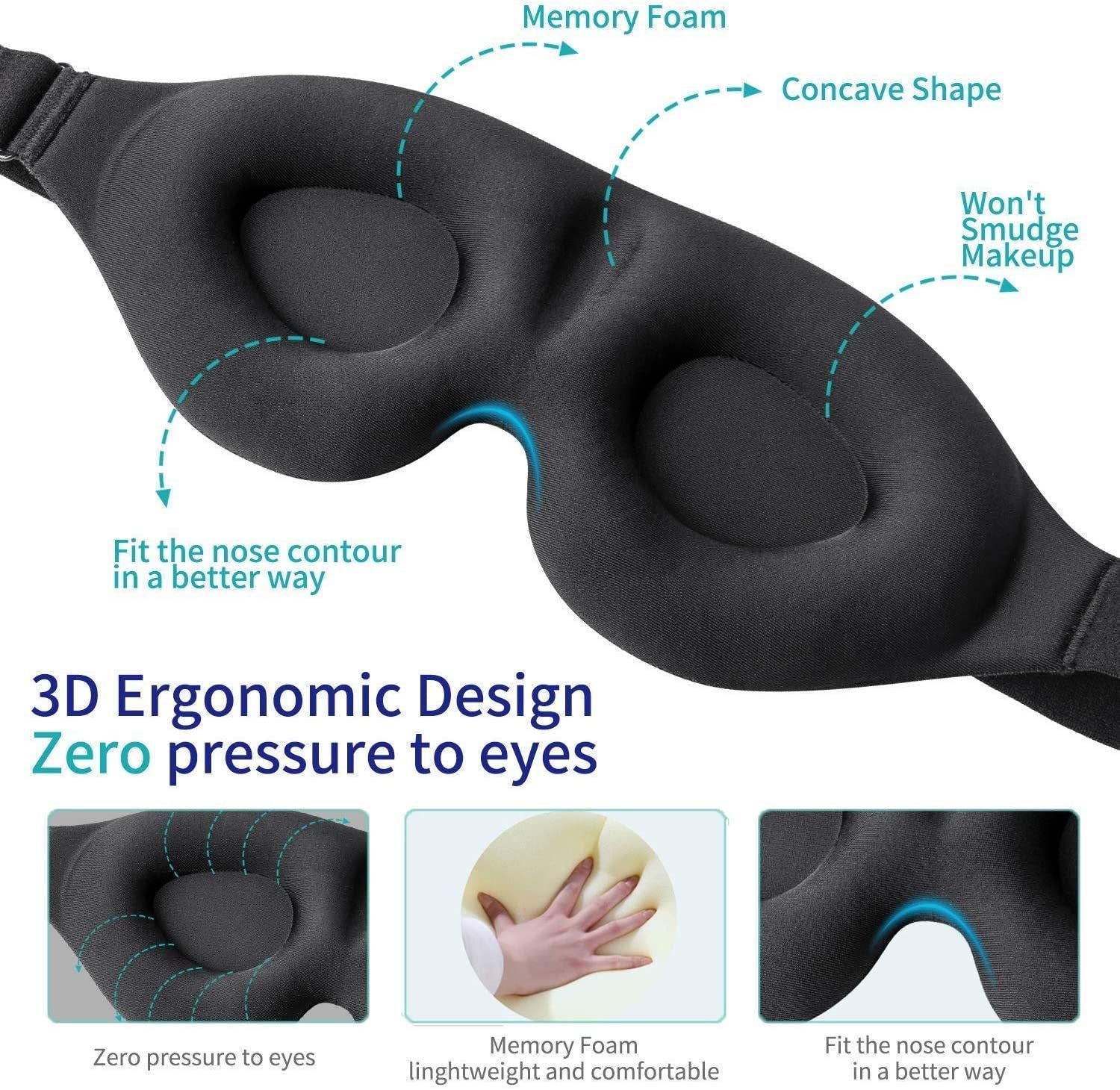 3D Sleep Mask Memory Foam Sleeping Blindfold Light Blocking Eye Cover With Adjustable Strap