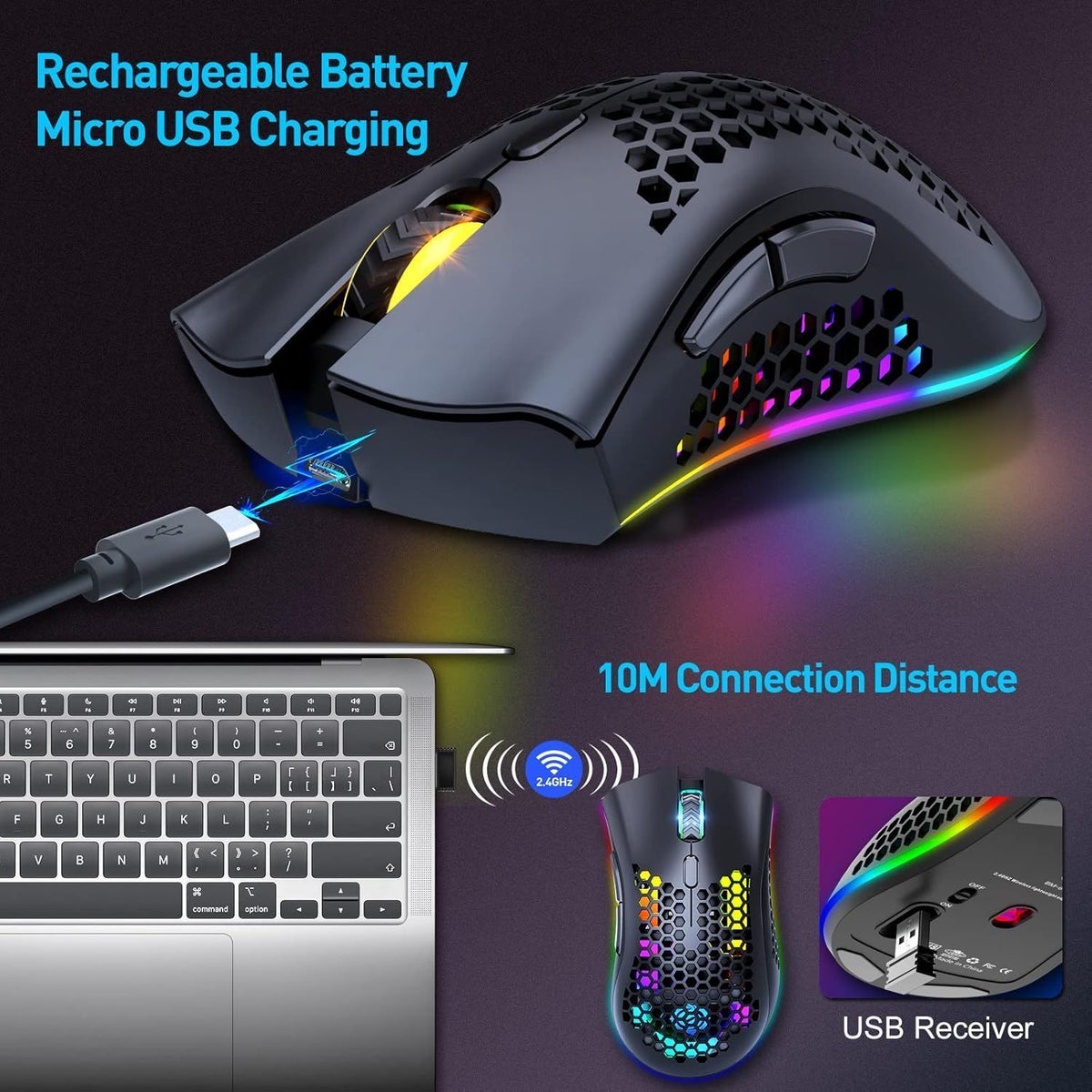 Wireless Gaming Mouse Honeycomb Design Rechargeable RGB Backlight Computer Mouse
