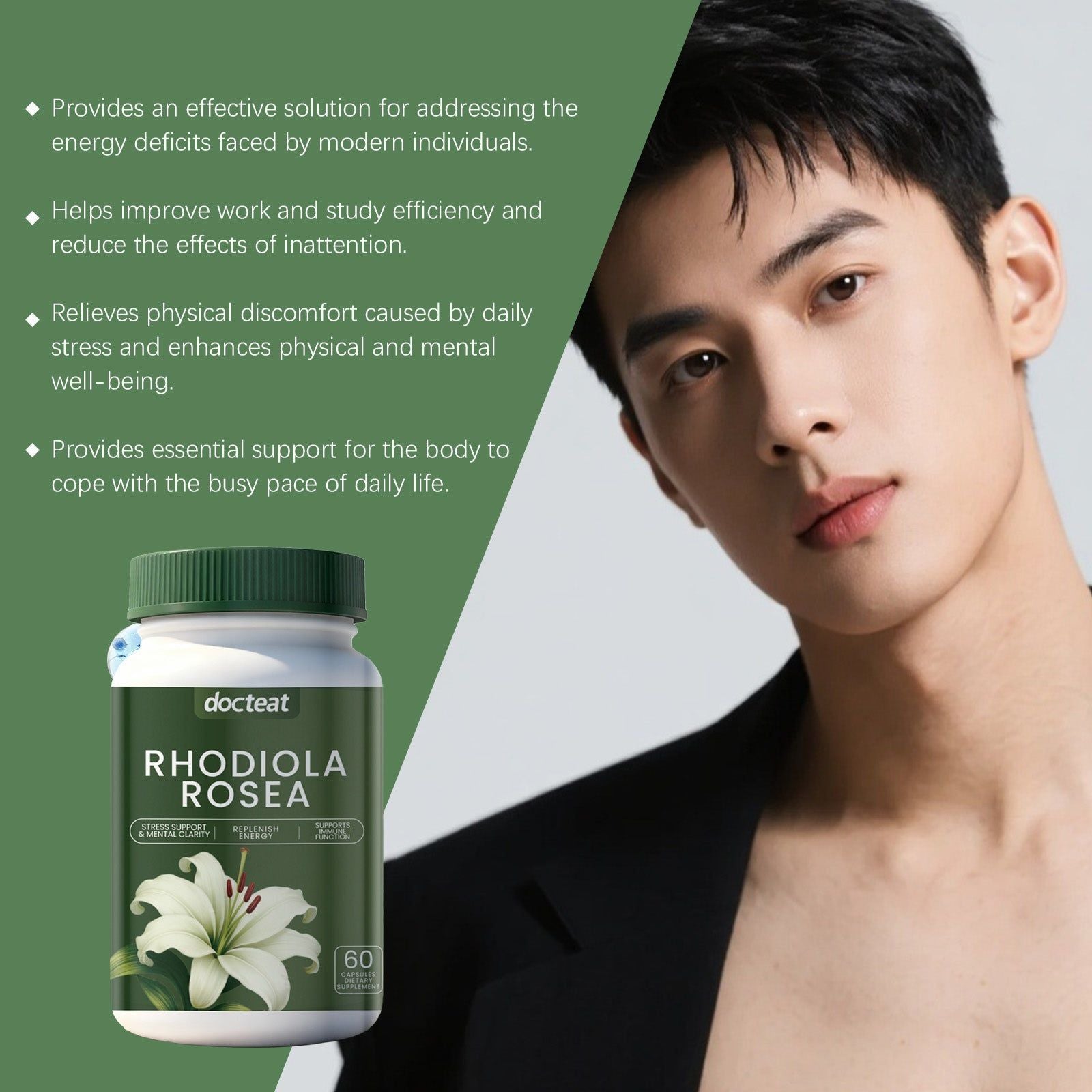 Boost Mood and Energy with Rhodiola Rosea Capsules, Natural Stress Relief, Body Care ,60 capsules