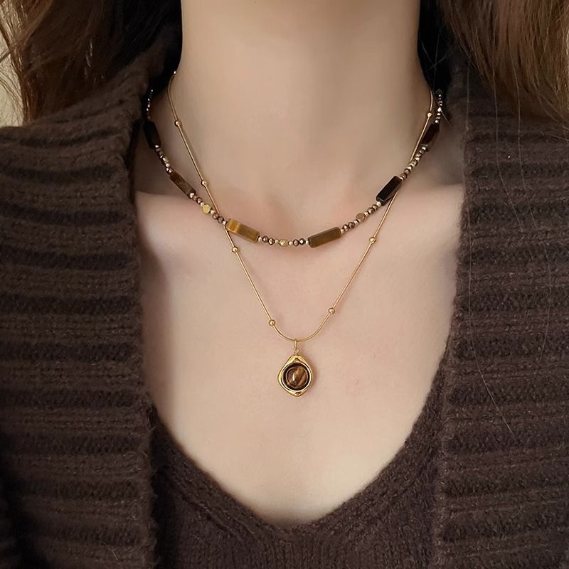 Double Layer Tiger Eye Butterfly Pendant Necklace for Women Adjustable Long Chain Layered Jewelry Gift