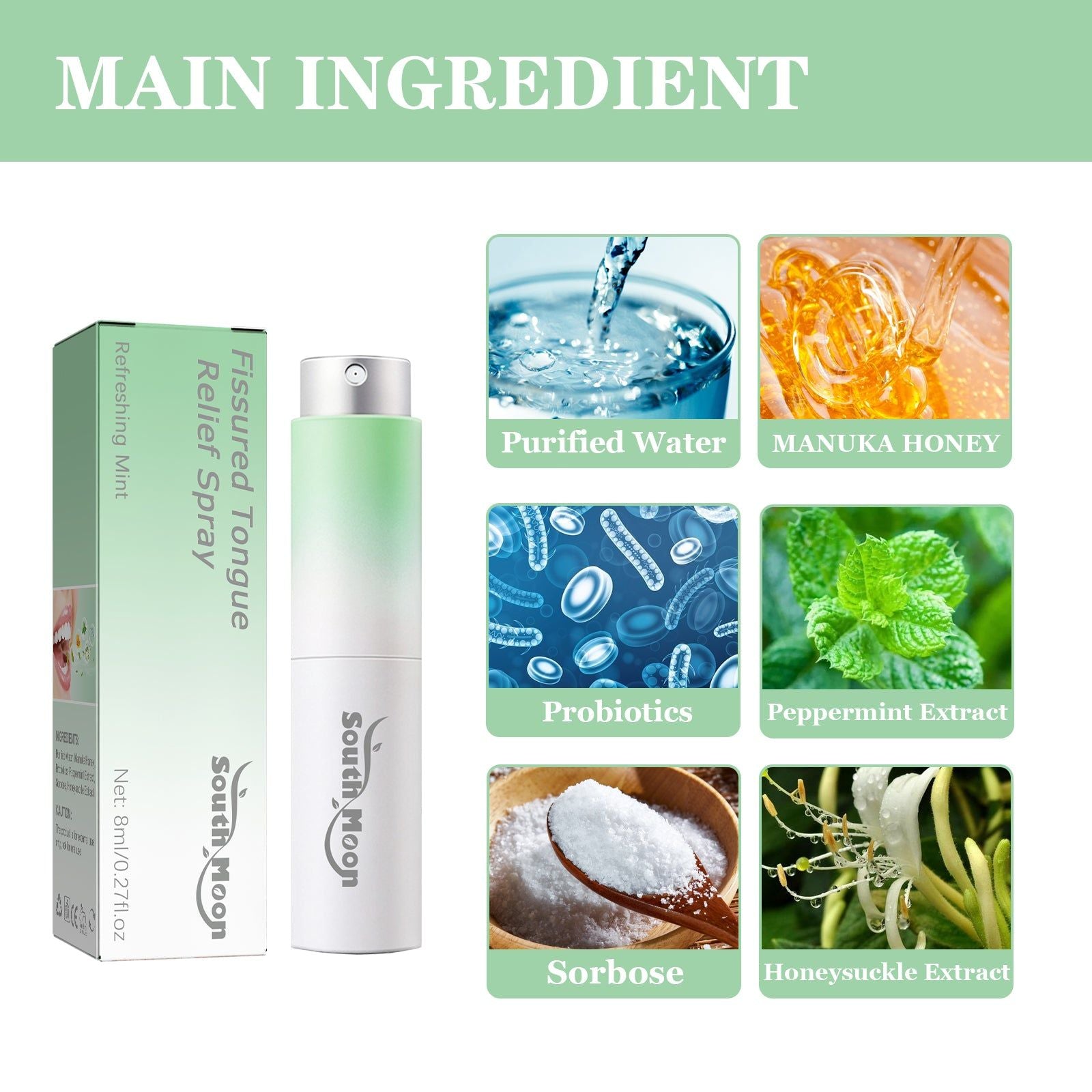 Crack Tongue Relief Spray, Fresh Breath Deodorizer, Oral Health, Probiotics, Manuka Honey ,8ml