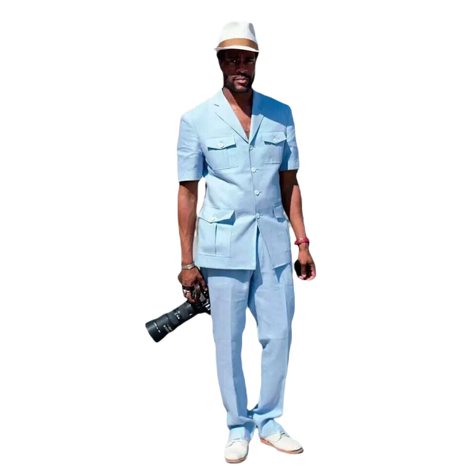 Light Blue Safari Suit for Men Style Coat pant Classic Formal Vintage Suit