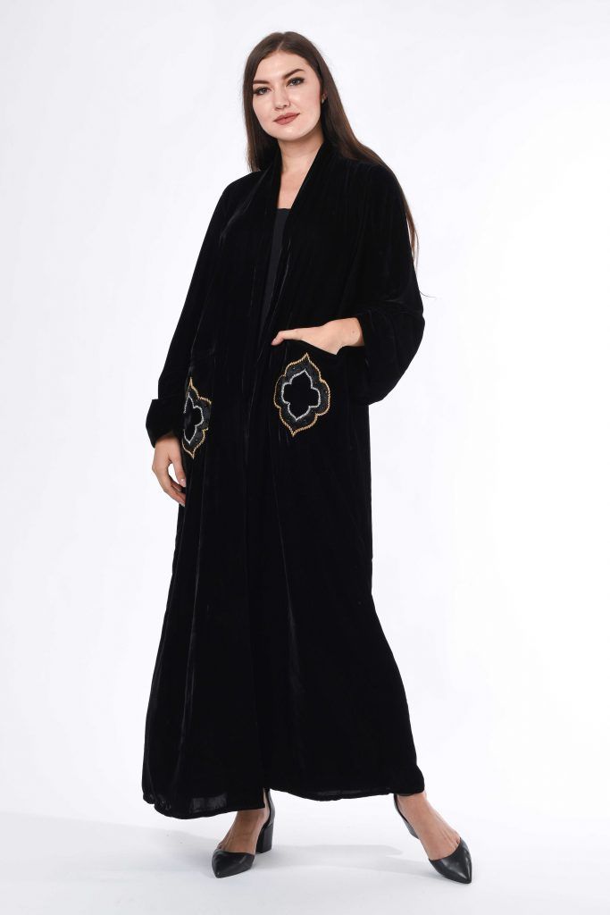 MOiSTREET Black Velvet Abaya with Hand Embroidery