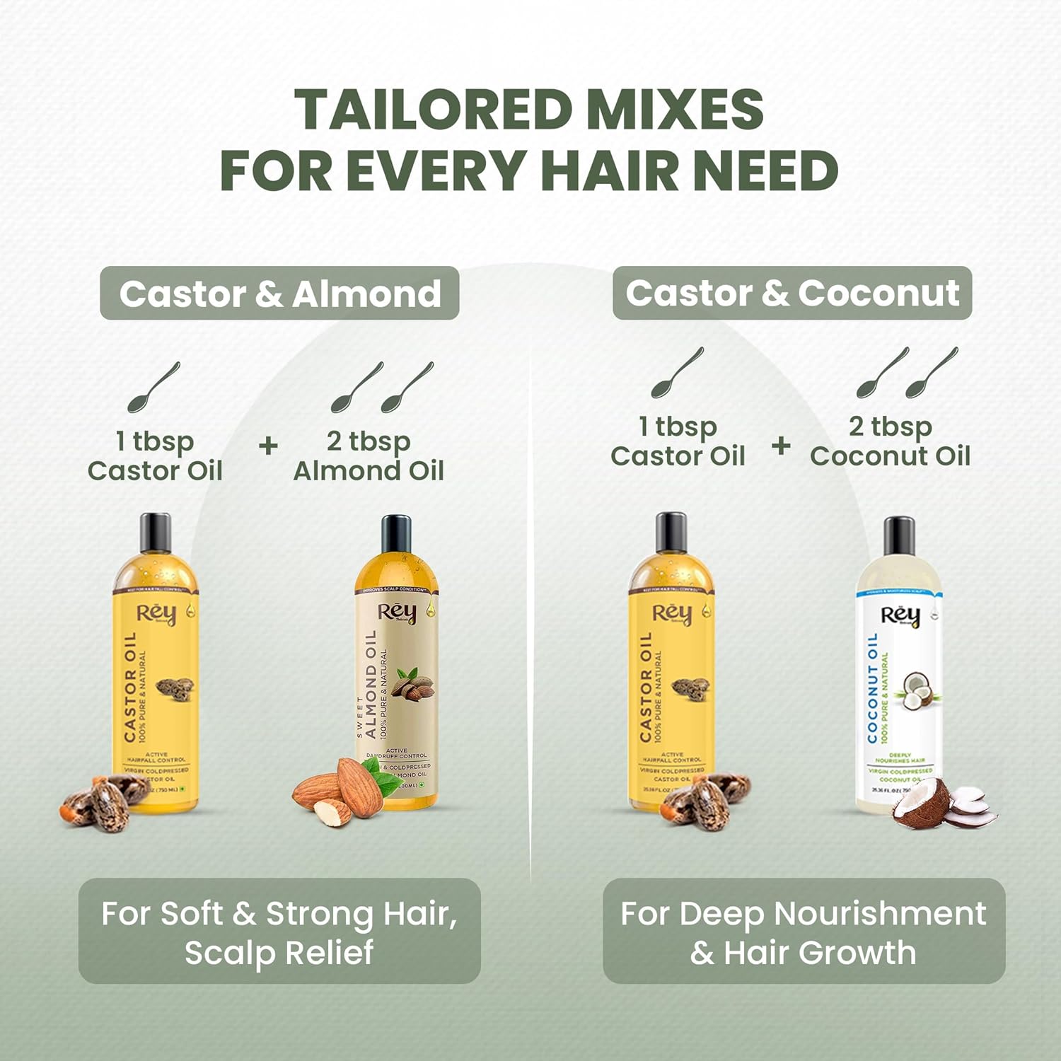 Rey Naturals Cold Pressed Castor Oil + Coconut Oil + Sweet Almond Oil (200ML + 200ML + 200ML)