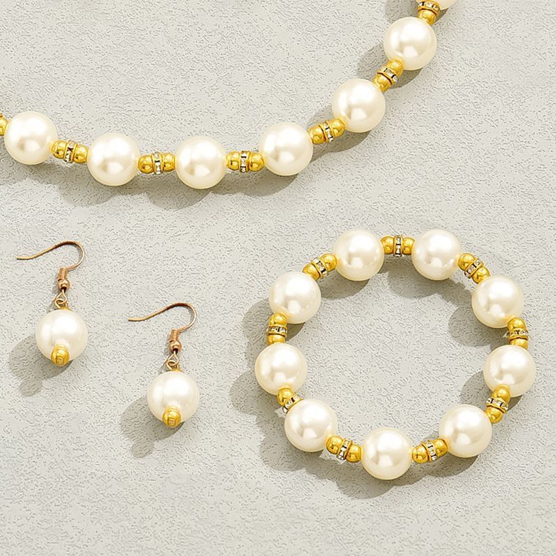 Elegant Pearl Earring Bracelet Necklace Faux Pearl Jewelry Set for Weddings Parties