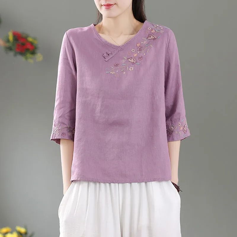 Cotton Linen Embroidered Relaxed Fit Short Sleeve Top For Women