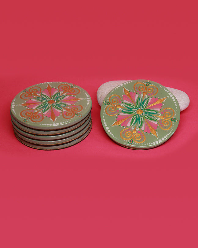 Sahara Mandala Set of 6 Round Wooden Coasters - Tulip design