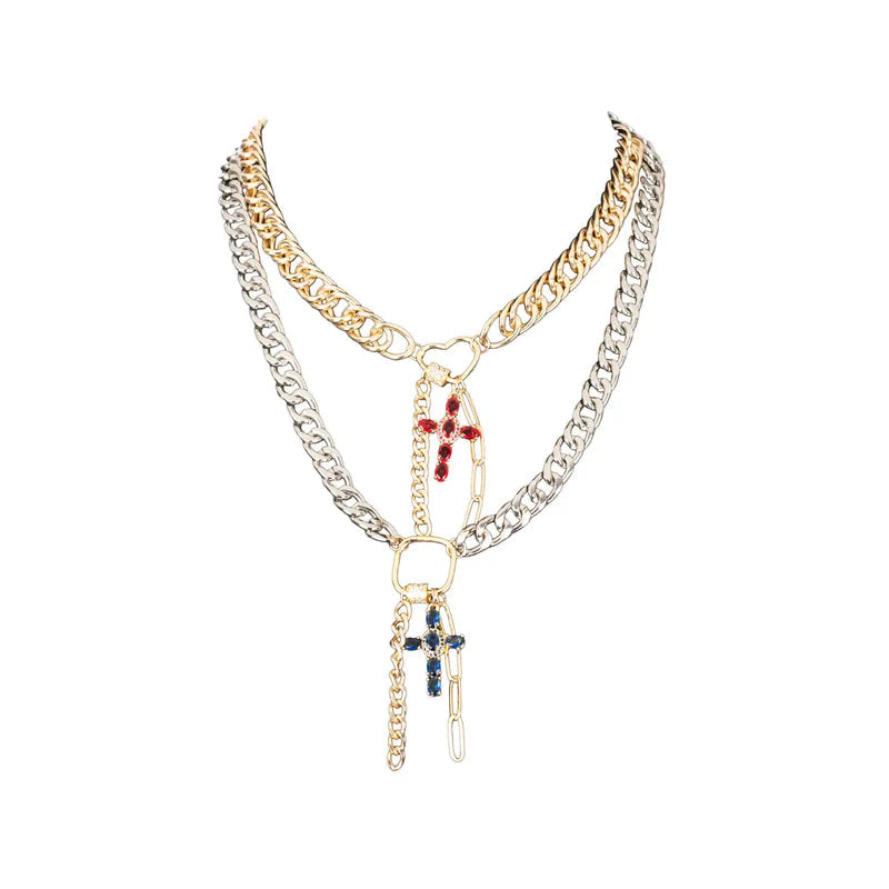 The Dark Mixed Metal Chain Necklace with Cross Charms Gold & Silver Layered Statement