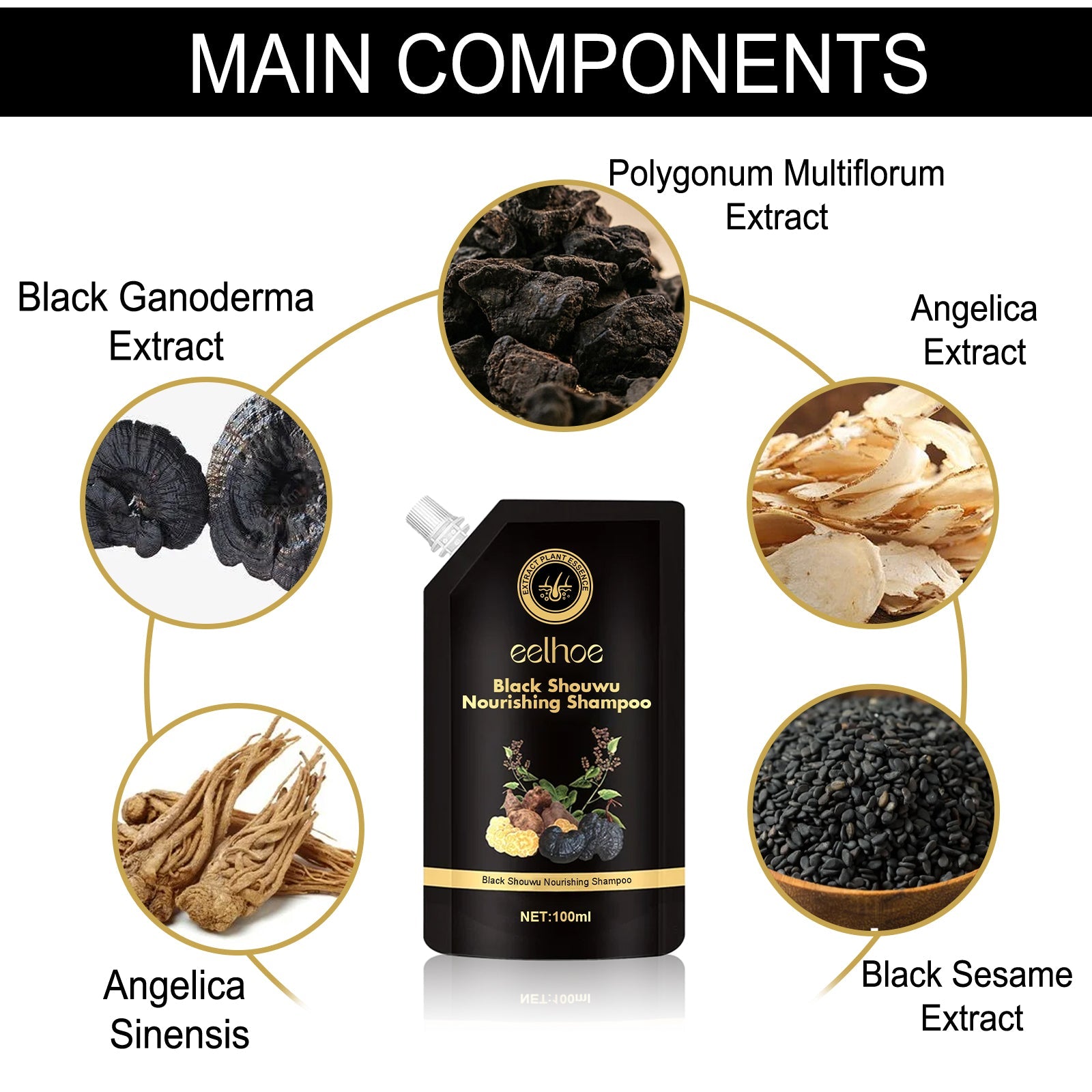 Black Reishi Multiflorum Shampoo for Thick Black Hair, Natural Shine, Moisturizing, Scalp Care ,100ml