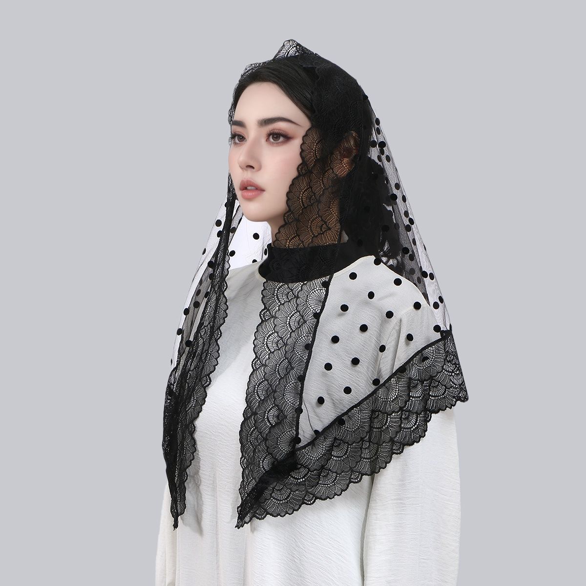 Vintage White Lace Polka Dot Hijab Scarf Bridal Veil for Women