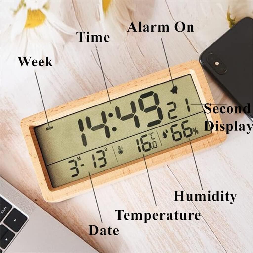 Wood Alarm Clock Humidity Temperature Portable Snooze Bedside Kids Room Table Clocks