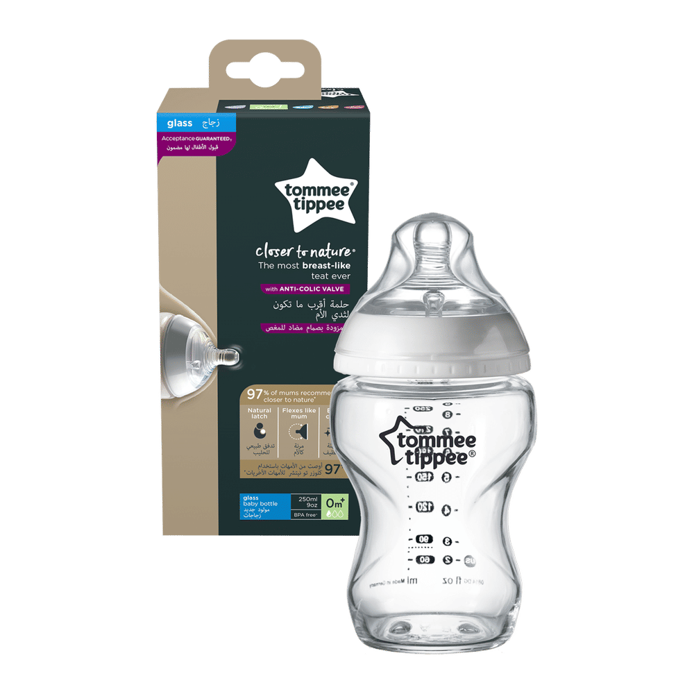 Tommee Tippee Closer to Nature   Glass Feeding Bottle, 250ml x 1  -Clear
