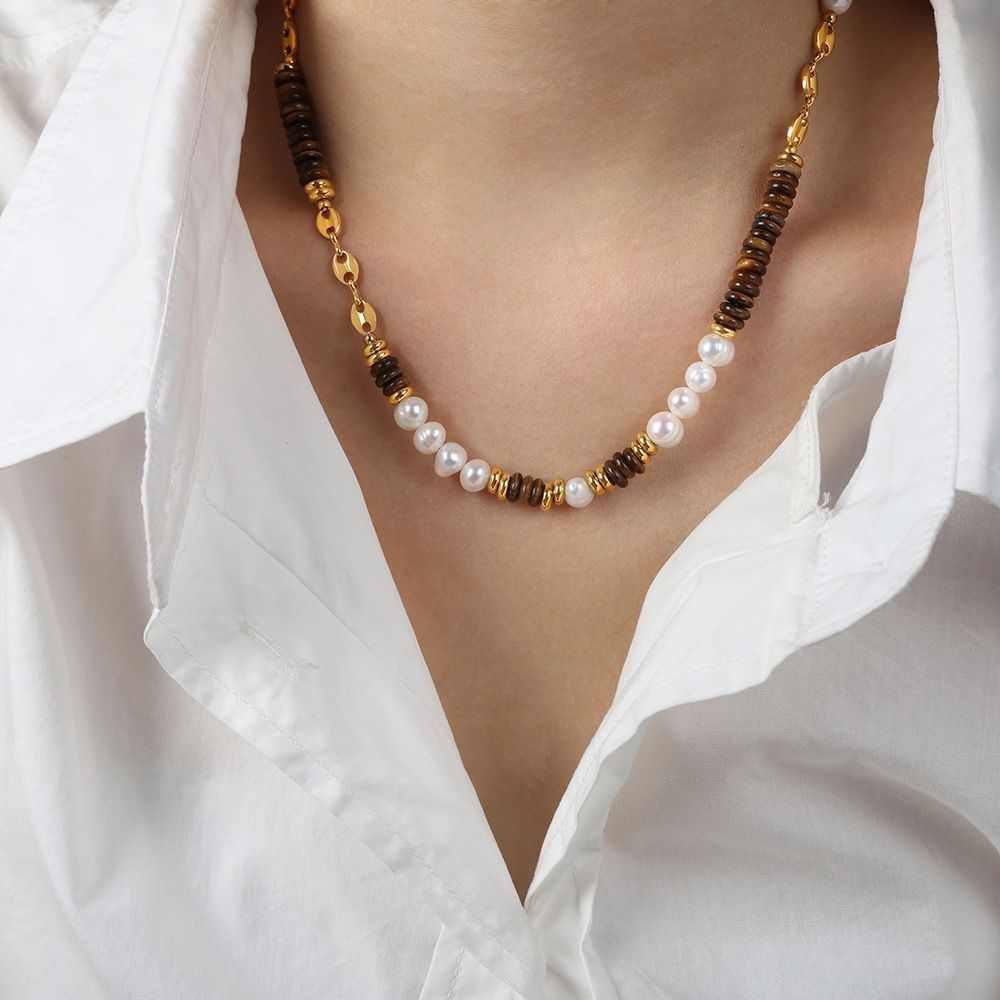 Women Pearl Necklace Bracelet Set Tiger Eye Stone Beaded Chain Jewelry Gifts for Mom Wife