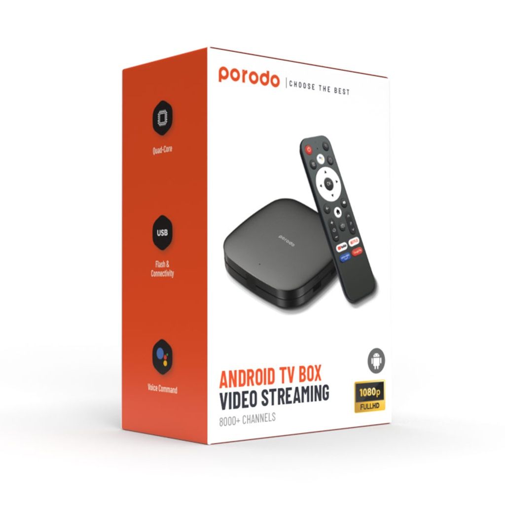 Porodo Android TV Box Video Streaming 1080 Full HD, Black, 2GB RAM/8GB ROM