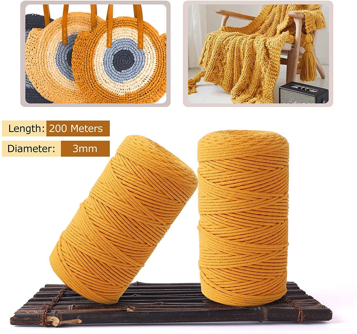 3 x 200 mm Cotton Cone Yarn Macrame Yarn Cotton Rope DIY Art Craft Knitting Tools