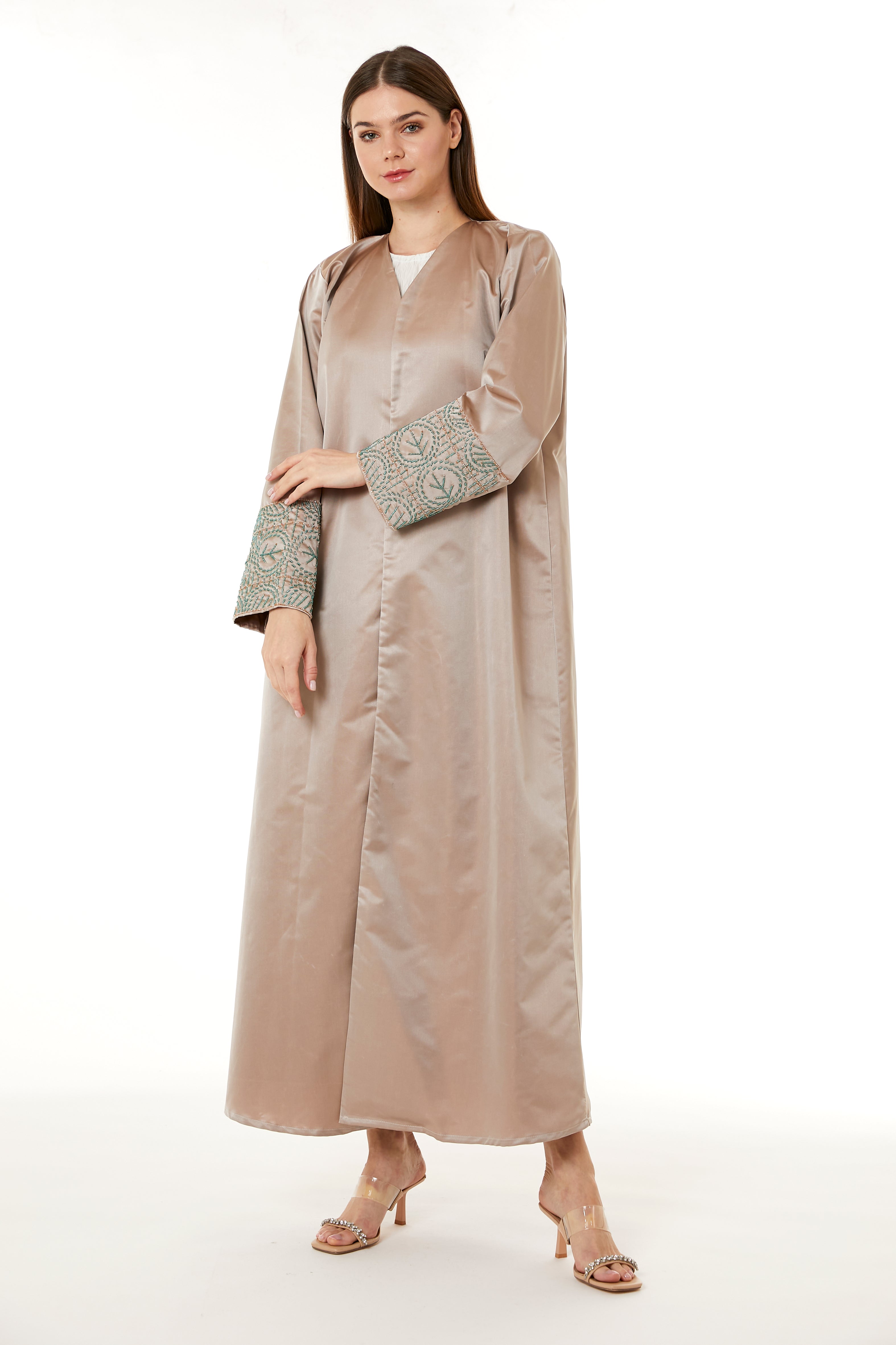 Tan Victoria Satin Hand Embellished Abaya