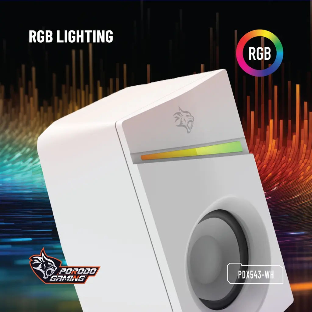 Porodo Gaming Stereo Speakers with Volume Knob, 6W, RGB Lighting, AUX Input, White