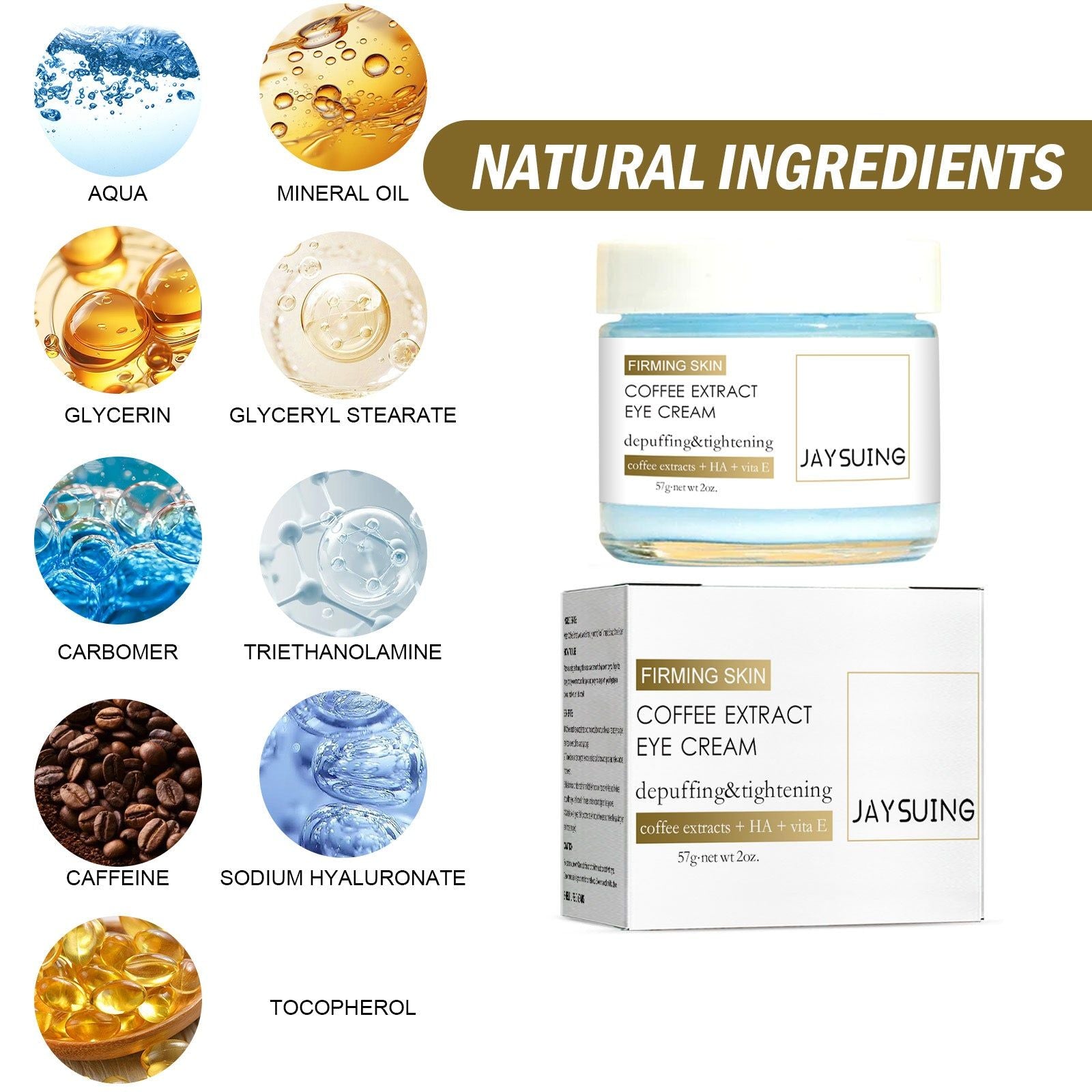 Coffee Eye Cream, Fade Dark Circles, Reduce Fine Lines, Brighten & Tighten ,57g
