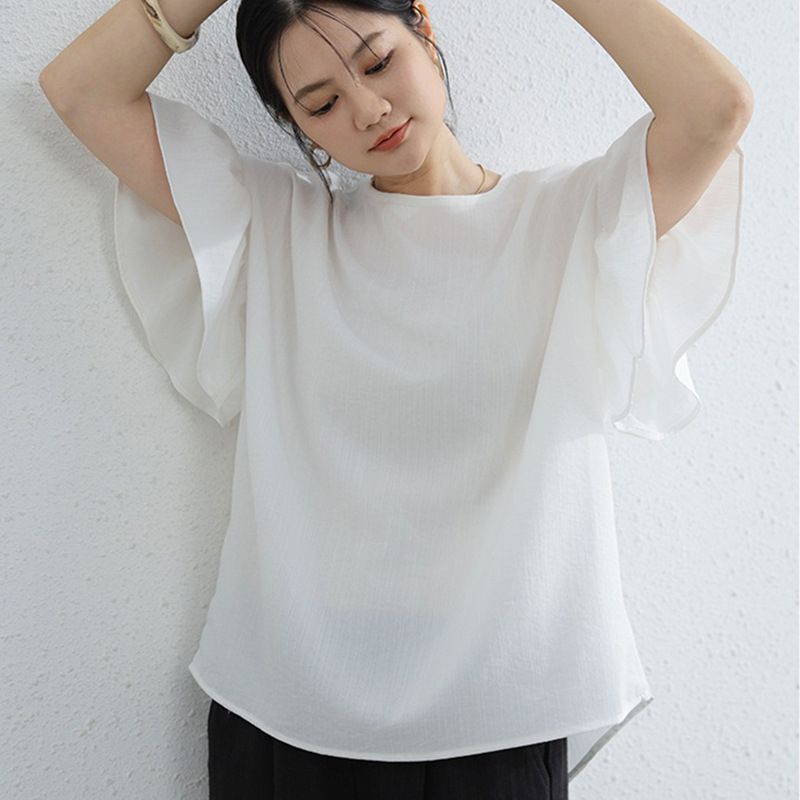 Flared Sleeve Cotton Linen Round Neck Short Sleeve Top For Women