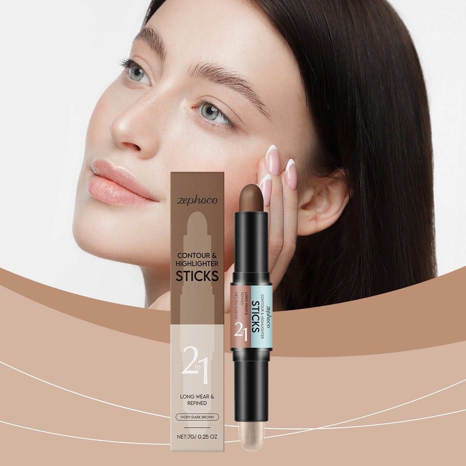 2-in-1 Contour Highlight Stick, Natural Makeup, Portable Beauty Collection ,7g